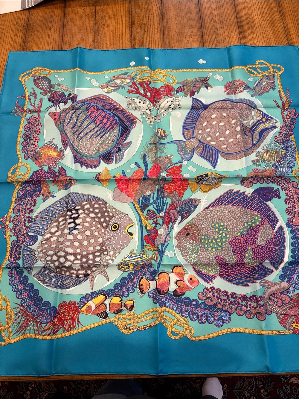 Hermes Turquoise and Aqua Marine Fish Print Silk Scarf
